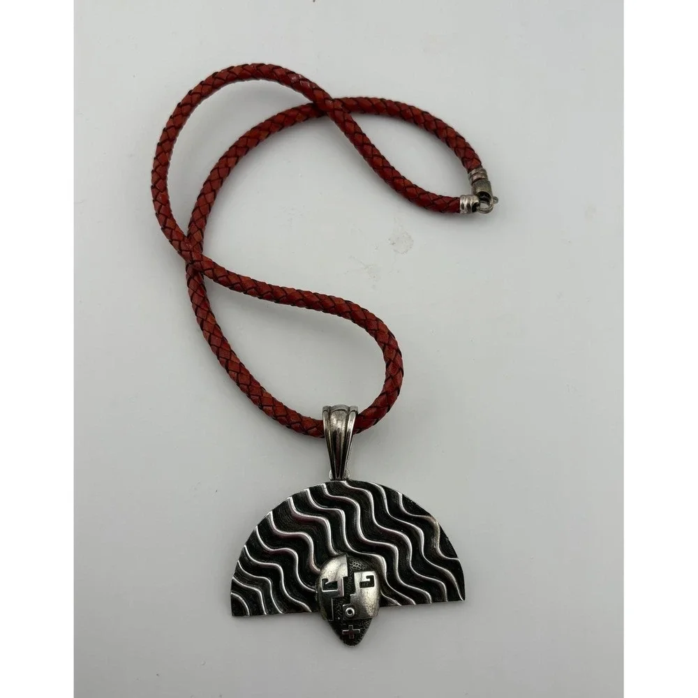 Joe Cajero Sterling‎ Silver Mask Pendant Necklace Braided Leather Cord Artisan